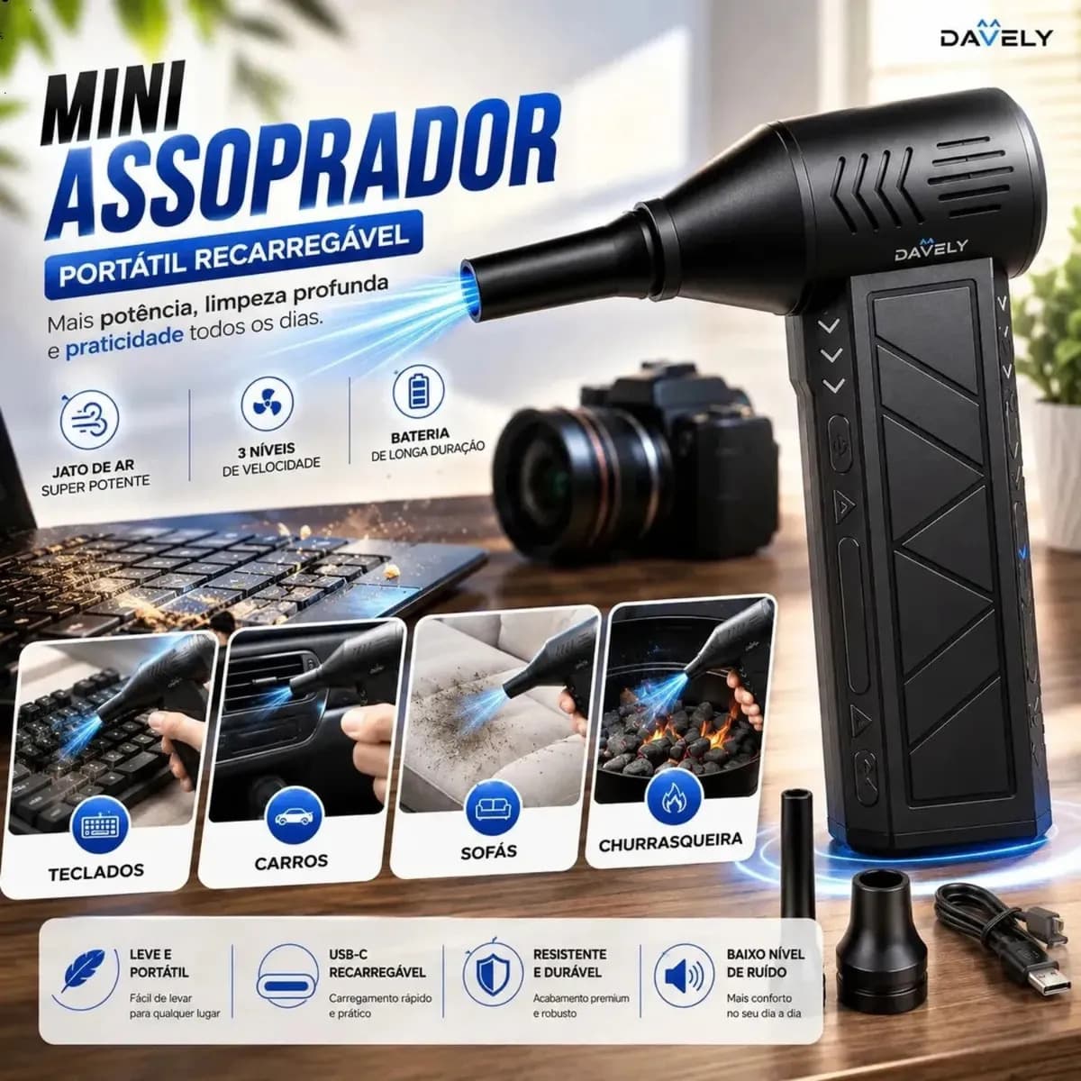 Mini Ventilador Soprador Ar Potente Turbo 130000rpm Assoprador Elétrico Sem Fio Recarregável USB-C 3 Níveis Jato Forte Portátil Multiuso Limpeza Teclado Carro A