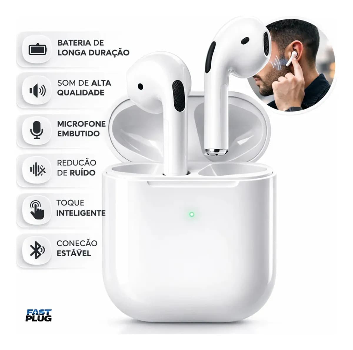 Fone De Ouvido Bluetooth Bateria de Longa Duração Pro 4 Branco Conecta Rápido Fast Plug Com Case Carregador E Microfone