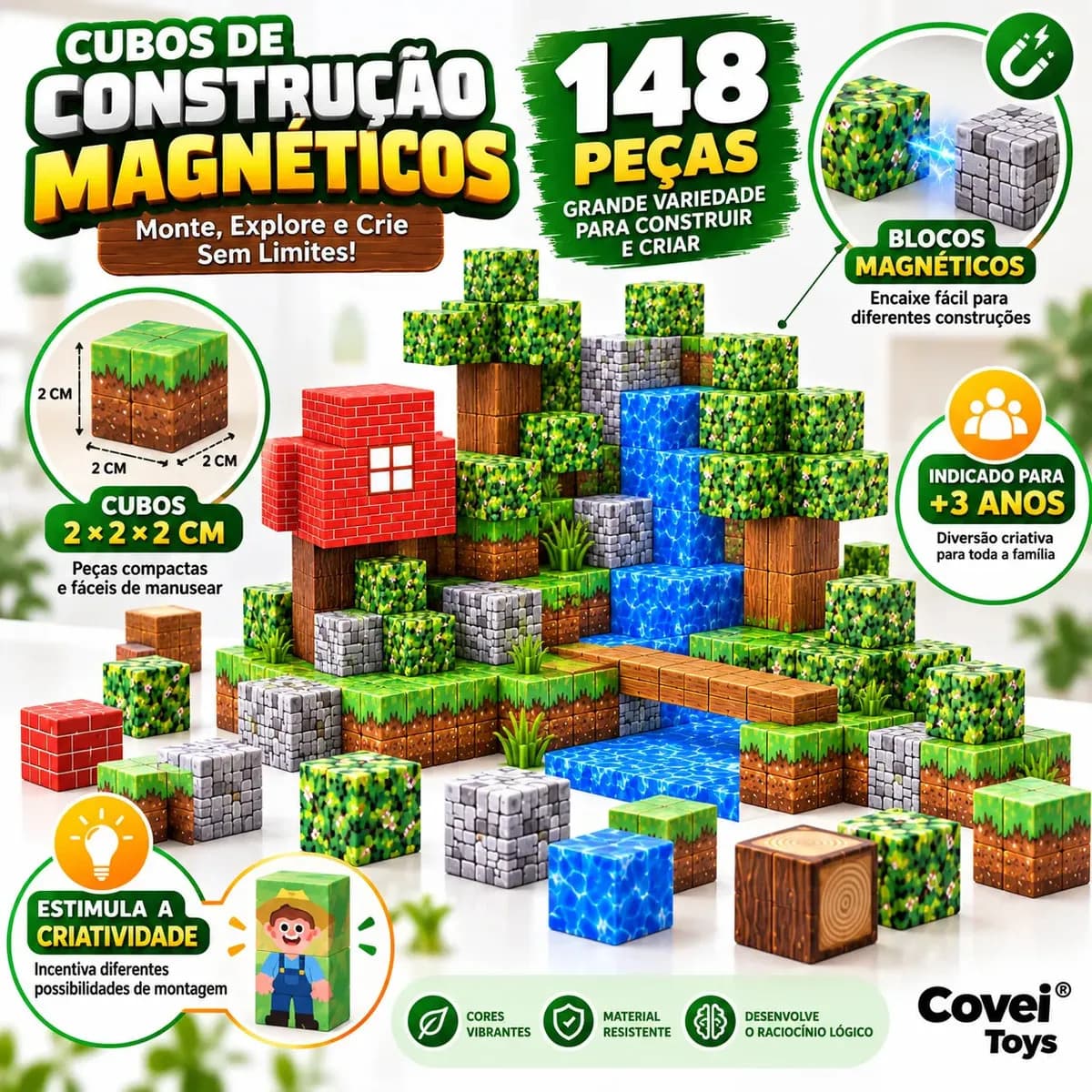 Kit 148 Blocos Imã Magnéticos Construção Montar Empilhamento Cubo Infantil Brinquedo Educativo Covei Toys