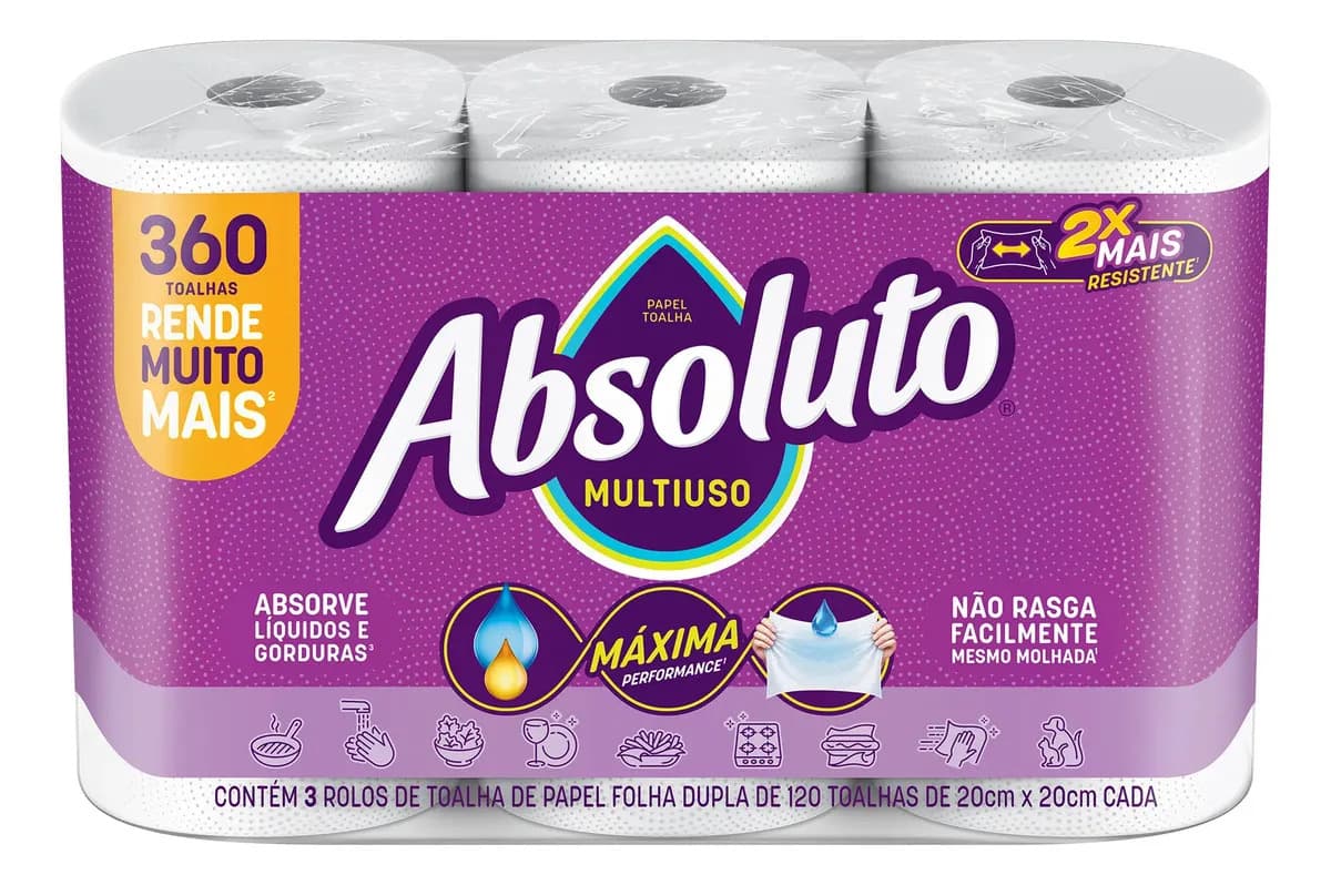 Papel Toalha Absoluto Multiuso 360 Folhas Com 3 Unidades