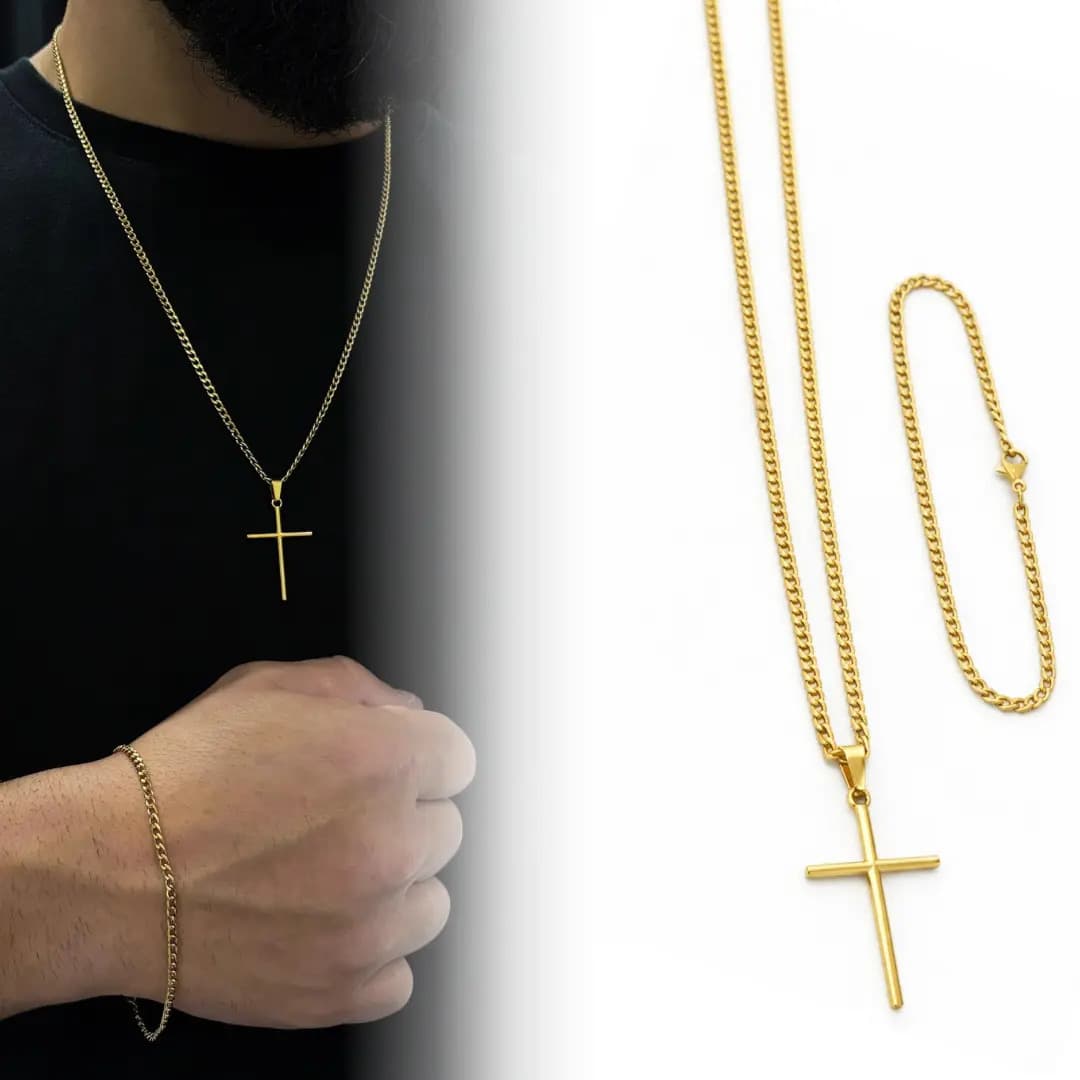 Corrente Cordão Masculino Aço Inox Banhado A Ouro 18k + Pulseira E Pingente Cruz Crucifixo Correntinha Masculina Grumet Gourmet 1x1 Banhada Escama De Peixe Esca
