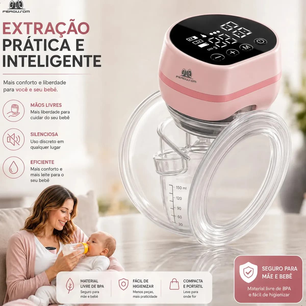 Bomba Tira Leite Materno Elétrica Portátil Extratora Amamentação Mãos Livres Sem BPA Coletor Sugador Bombinha Peito 3 Modos 9 Níveis de Sucção Recarregável Sile