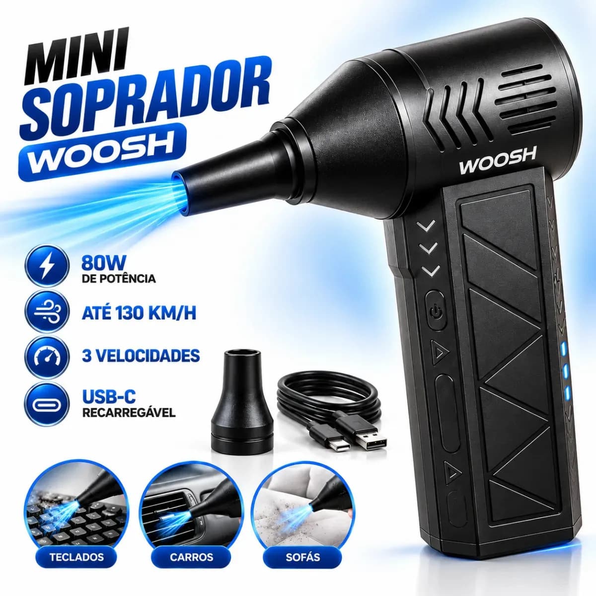 Mini Soprador Ar Turbo 130000rpm Sem Fio Recarregável Carregamento USB-C 3 Bico adaptador Preto Níveis Portátil Multiuso Limpeza Carro Portátil Acende Churrasqu
