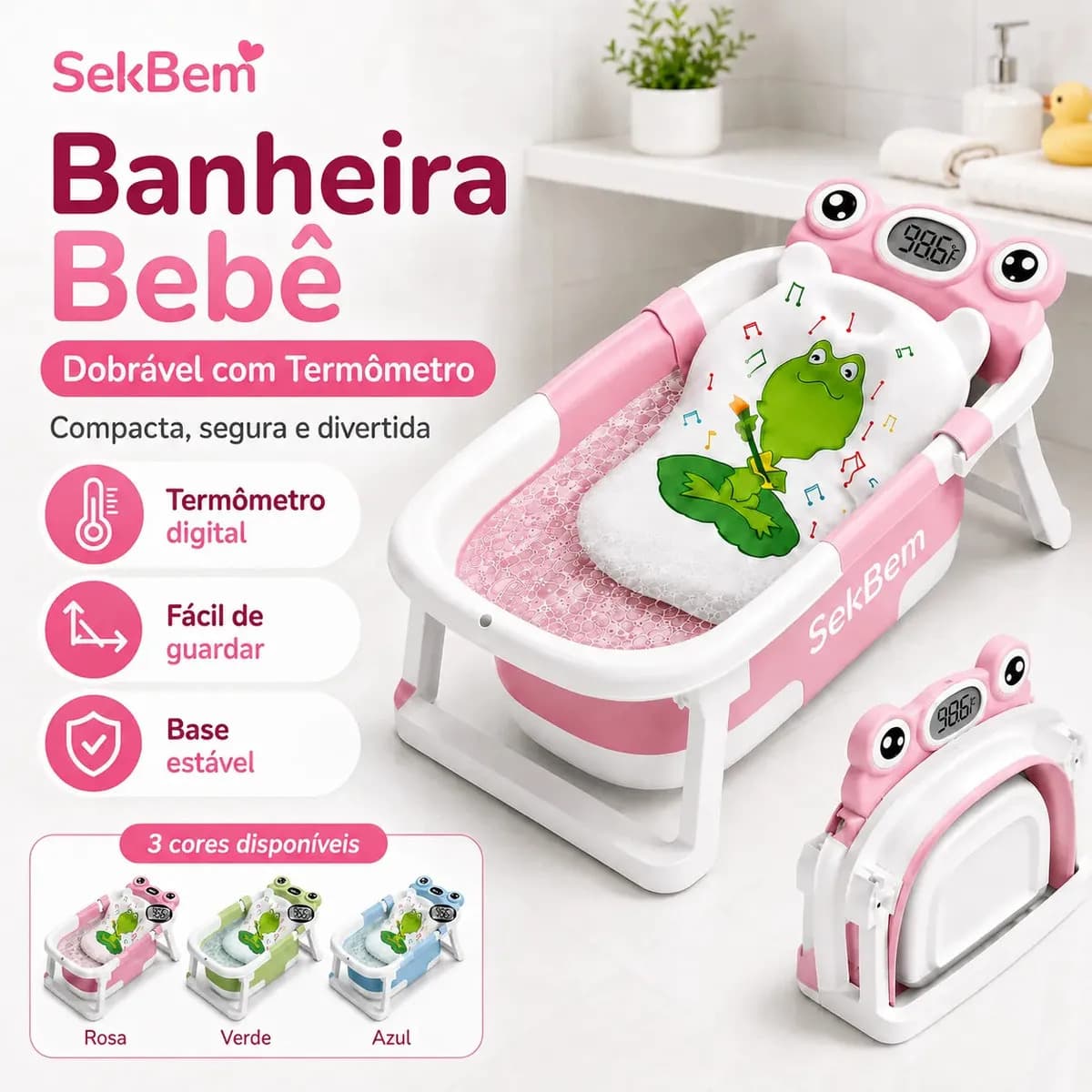 Banheira Bebê Dobrável Flexível Com Termômetro E Almofada de Banho Cor Rosa