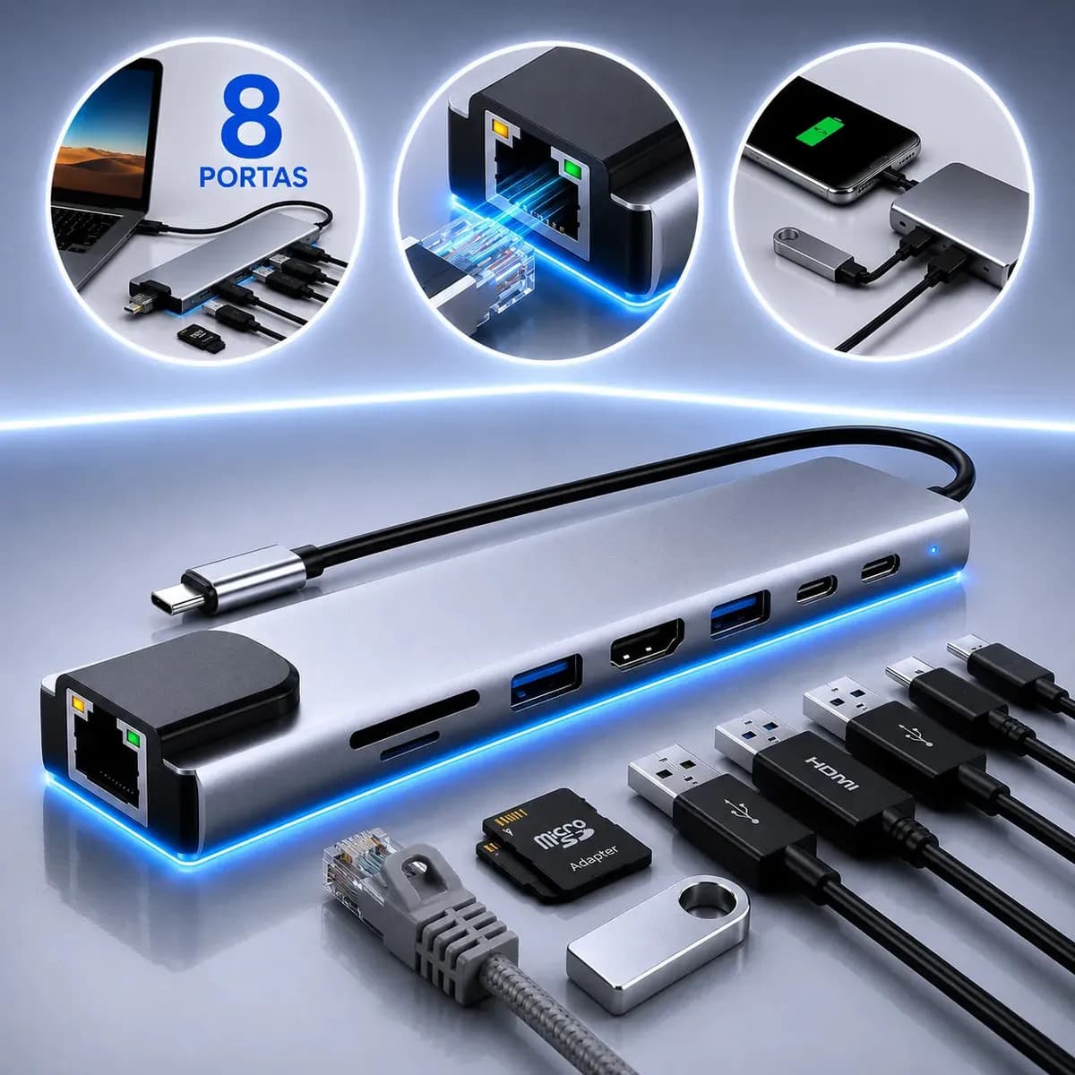 Adaptador Hub Usb Com 8 Portas Rj45 Hdmi 4k Usb 3.0 E 2.0 Tipo C Micro Sd Cartão Ethernet Cabo Thunderbolt Dock Station Dex Macbook Air M1 M2 iPad Type C Tablet