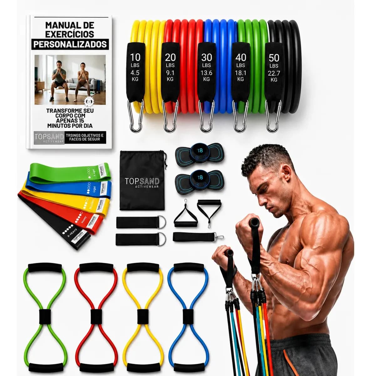 Kit 20 Itens Esportivos Para Treino Em Casa Academia Fitness Funcional Com Elásticos Extensor Puxadores Massageador Faixas Elásticas Mini Band P/ Exercícios Gin